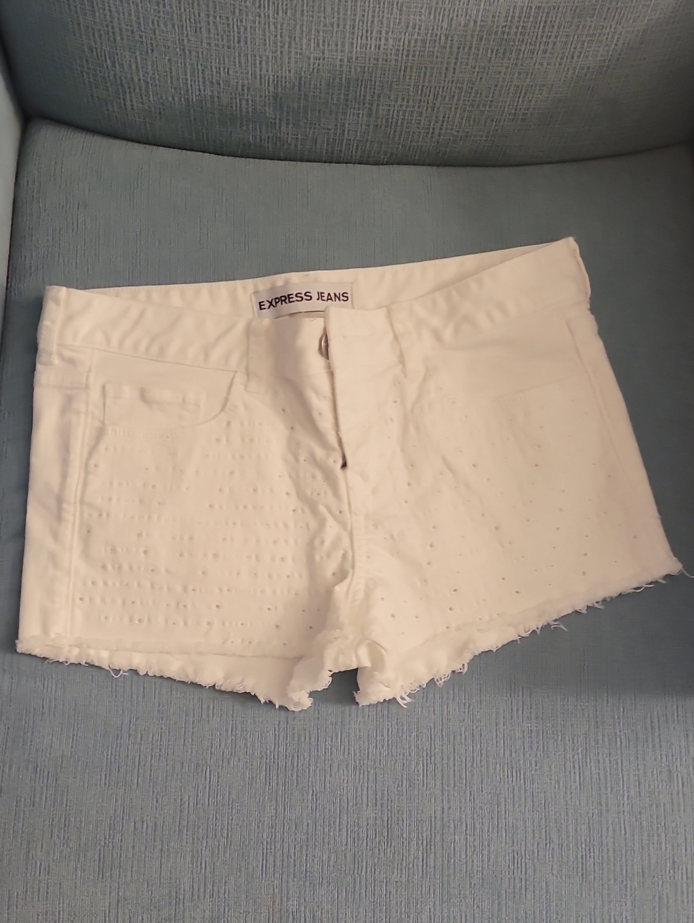 Express White Denim Cutoff Shorts with Eyelet Detail